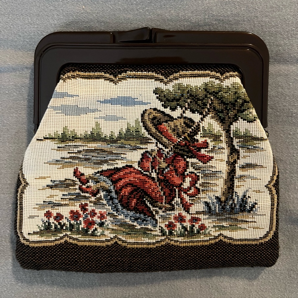 1960s Tapestry Needlepoint Coin Purse, Victorian Girl, Kiss Clasp